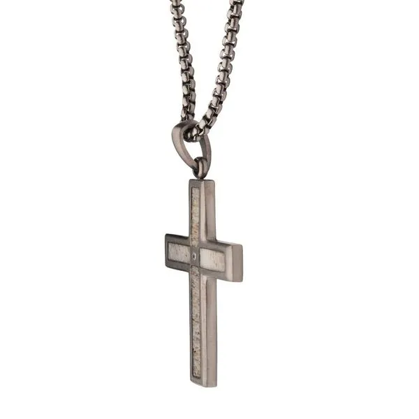 Gun Metal IP Steel Matte Finish Deer Antler Inlay with CZ Cross Pendant Image 3 Alan Miller Jewelers Oregon, OH