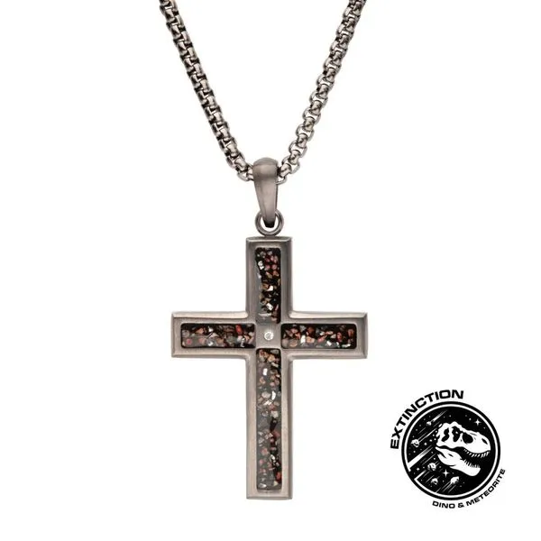 Gun Metal IP Steel Matte Finish Black Dinosaur Bone Inlay with CZ Cross Pendant Morin Jewelers Southbridge, MA