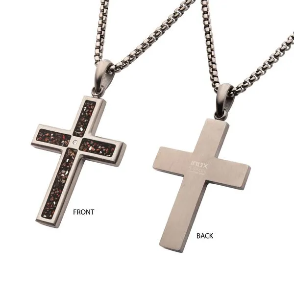 Gun Metal IP Steel Matte Finish Black Dinosaur Bone Inlay with CZ Cross Pendant Image 2 Morin Jewelers Southbridge, MA