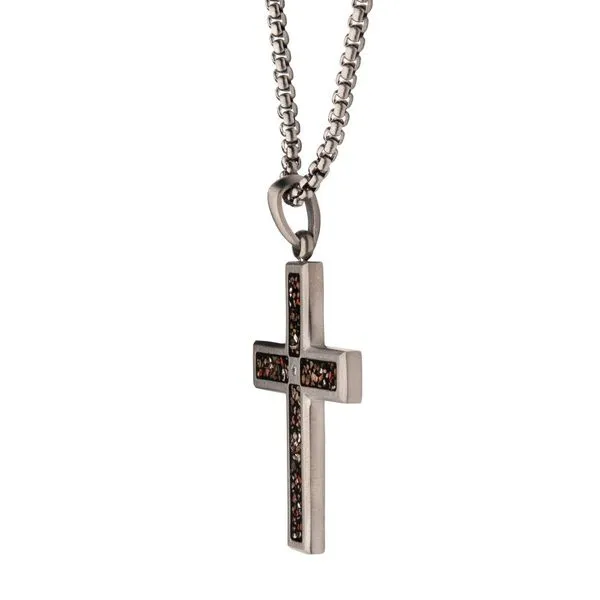 Gun Metal IP Steel Matte Finish Black Dinosaur Bone Inlay with CZ Cross Pendant Image 3 Rihner's Jewelry Gretna, LA