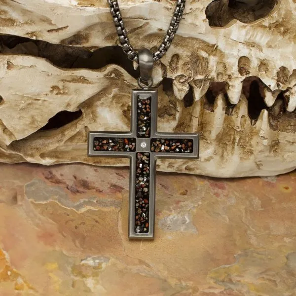 Gun Metal IP Steel Matte Finish Black Dinosaur Bone Inlay with CZ Cross Pendant Image 4 Morin Jewelers Southbridge, MA