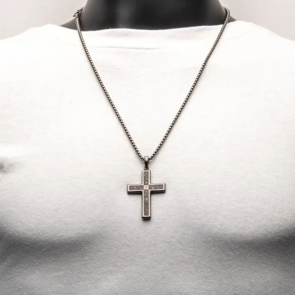 Gun Metal IP Steel Matte Finish Black Dinosaur Bone Inlay with CZ Cross Pendant Image 5 Rihner's Jewelry Gretna, LA