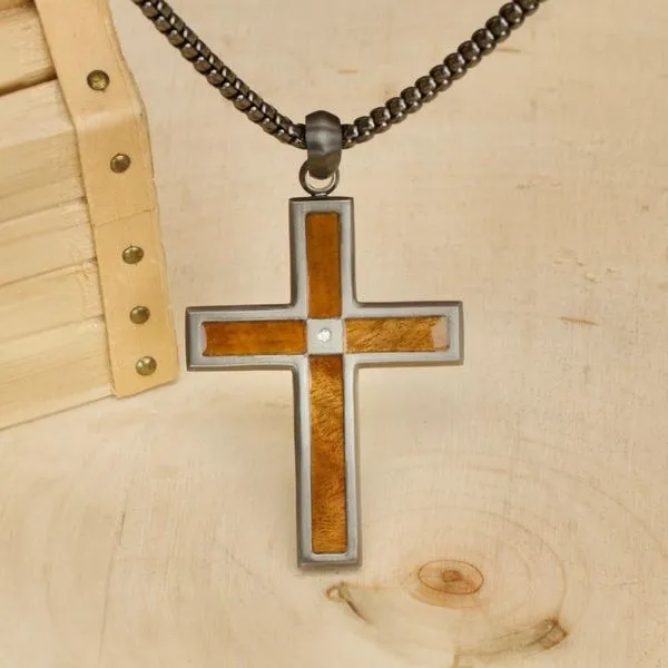 Gun Metal IP Steel Matte Finish Whiskey Barrel Wood Inlay with CZ Cross Pendant Image 4 Morin Jewelers Southbridge, MA