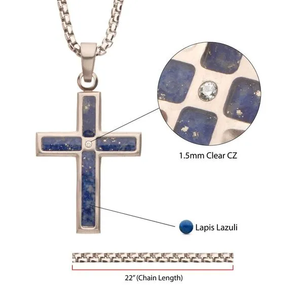 Matte Finish Stainless Steel Lapis Lazuli Stone Inlay Cross Pendant with 1.5mm Clear CZ Gem  Image 4 Rihner's Jewelry Gretna, LA