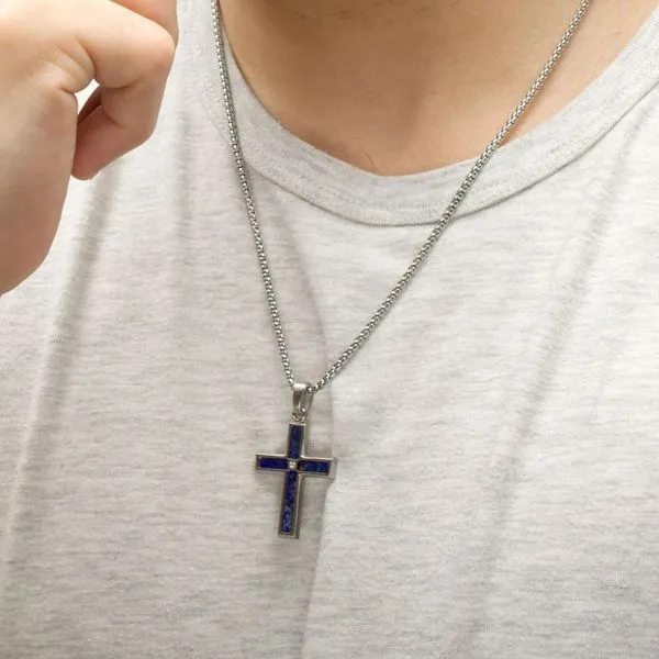 Matte Finish Stainless Steel Lapis Lazuli Stone Inlay Cross Pendant with 1.5mm Clear CZ Gem  Image 5 Rihner's Jewelry Gretna, LA