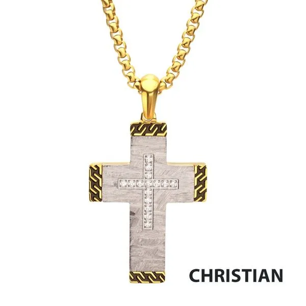 Stainless Steel Clear CZ Gem Gold Black Edge Textured Cross Pendant Alan Miller Jewelers Oregon, OH