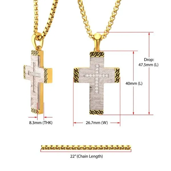 Stainless Steel Clear CZ Gem Gold Black Edge Textured Cross Pendant Image 4 Alan Miller Jewelers Oregon, OH