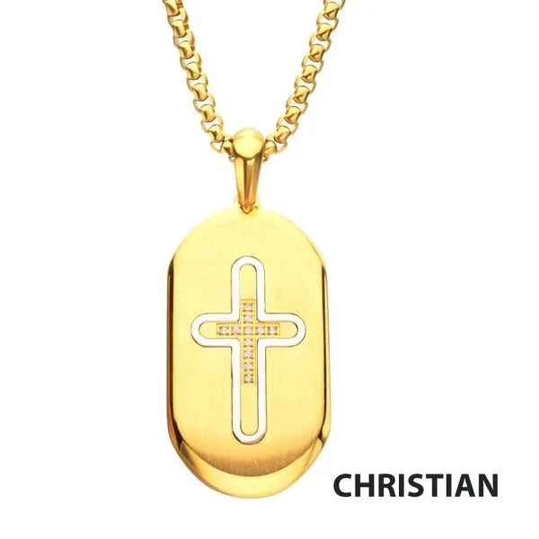18Kt Gold IP Stainless Steel Clear CZ Inlay Cross Dogtag Pendant Alexander Fine Jewelers Fort Gratiot, MI