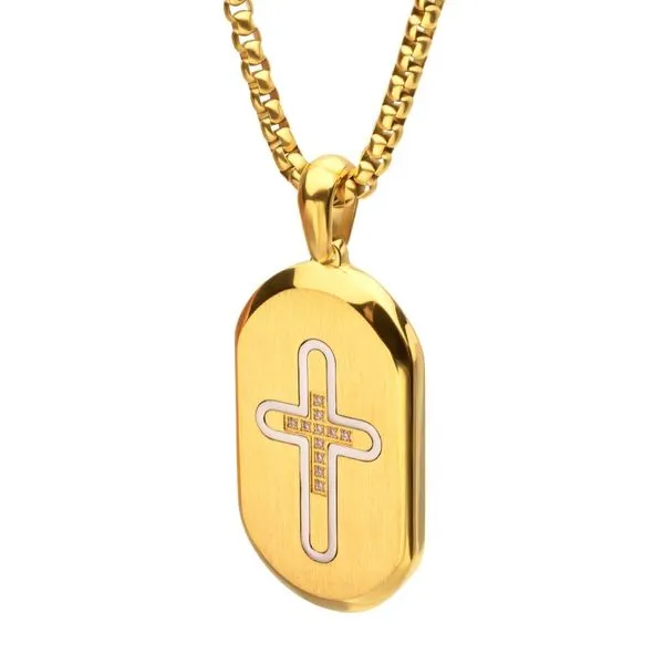 18Kt Gold IP Stainless Steel Clear CZ Inlay Cross Dogtag Pendant Image 2 Cellini Design Jewelers Orange, CT
