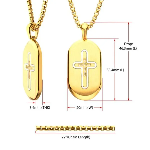 18Kt Gold IP Stainless Steel Clear CZ Inlay Cross Dogtag Pendant Image 3 Cellini Design Jewelers Orange, CT