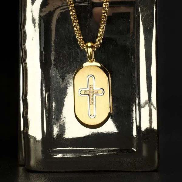 18Kt Gold IP Stainless Steel Clear CZ Inlay Cross Dogtag Pendant Image 4 Alexander Fine Jewelers Fort Gratiot, MI