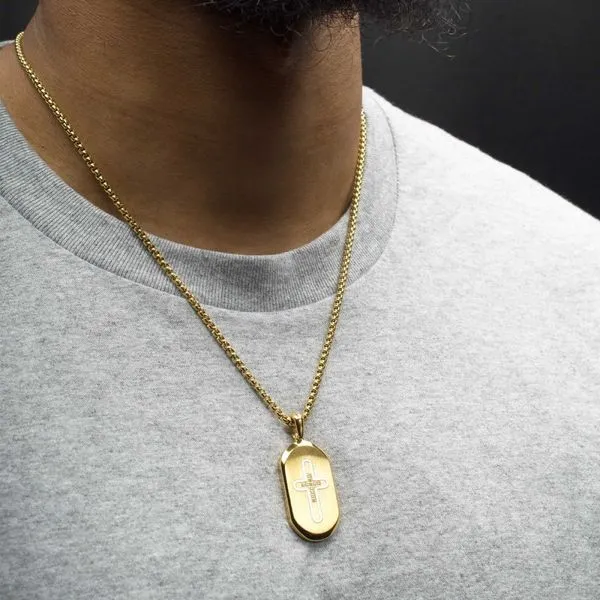 18Kt Gold IP Stainless Steel Clear CZ Inlay Cross Dogtag Pendant Image 5 Alexander Fine Jewelers Fort Gratiot, MI