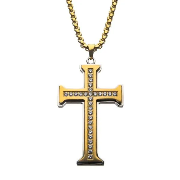 Clear CZ Gold IP Cross Pendant in a Steel Frame with Chain Alan Miller Jewelers Oregon, OH