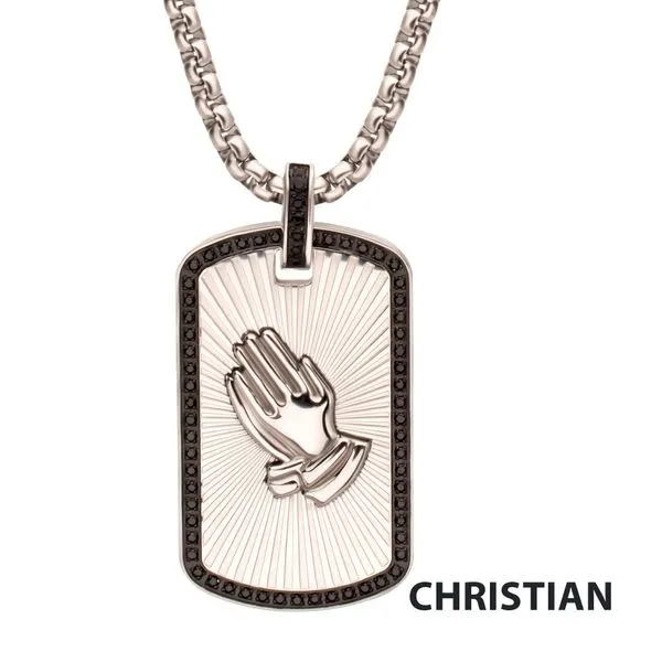 Stainless Steel Praying Hands Black CZ Edge Dogtag Pendant with Black CZ Bail Thomas A. Davis Jewelers Holland, MI