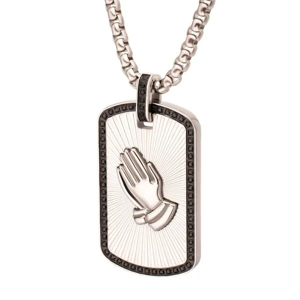 Stainless Steel Praying Hands Black CZ Edge Dogtag Pendant with Black CZ Bail Image 2 Thomas A. Davis Jewelers Holland, MI
