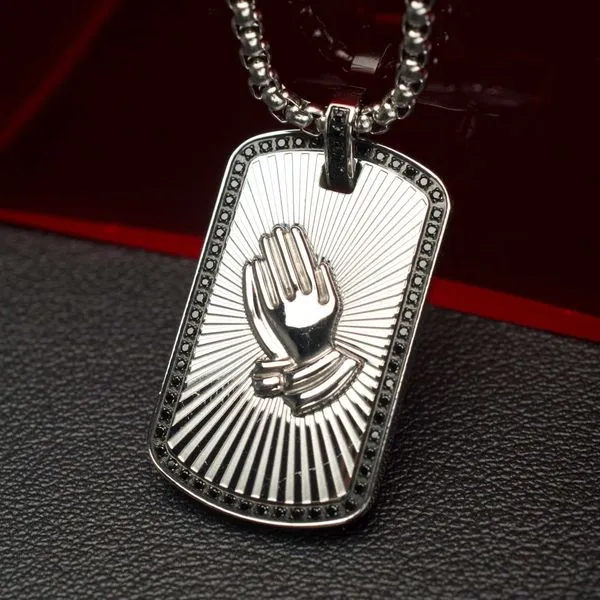 Stainless Steel Praying Hands Black CZ Edge Dogtag Pendant with Black CZ Bail Image 3 Thomas A. Davis Jewelers Holland, MI