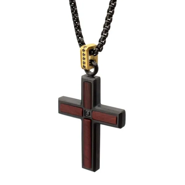 Matte Finish Black IP Steel Sandalwood Cross Pendant with CNC Set Black Spinel Crown Link Bail Image 2 Rihner's Jewelry Gretna, LA