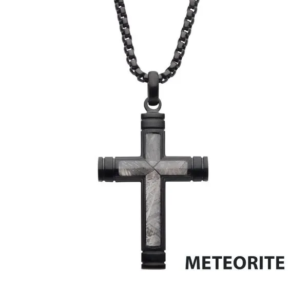Meteorite Inlay Cross Pendant with Black IP Box Chain Ken Walker Jewelers Gig Harbor, WA