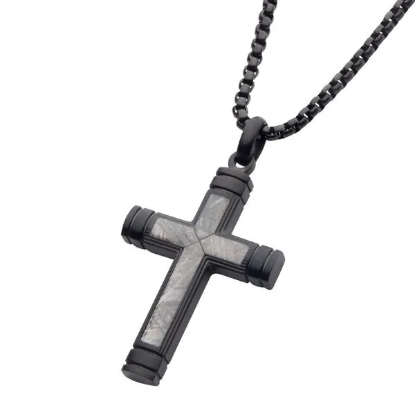 Meteorite Inlay Cross Pendant with Black IP Box Chain Image 2 Ken Walker Jewelers Gig Harbor, WA