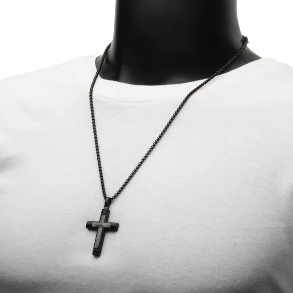 Meteorite Inlay Cross Pendant with Black IP Box Chain Image 4 Ken Walker Jewelers Gig Harbor, WA