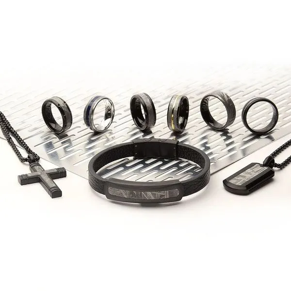 Meteorite Inlay Cross Pendant with Black IP Box Chain Image 5 Ken Walker Jewelers Gig Harbor, WA