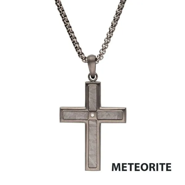 Gun Metal IP Steel Matte Finish Meteorite Inlay with CZ Cross Pendant Daniel Jewelers Brewster, NY