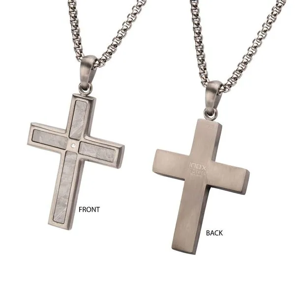 Gun Metal IP Steel Matte Finish Meteorite Inlay with CZ Cross Pendant Image 2 Rihner's Jewelry Gretna, LA