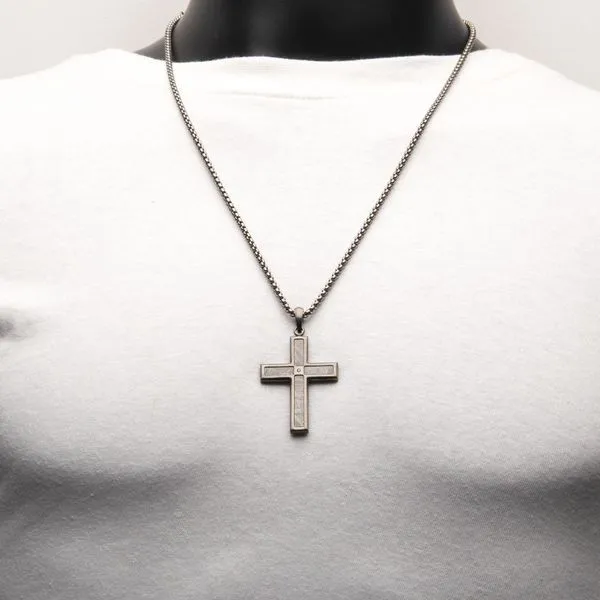 Gun Metal IP Steel Matte Finish Meteorite Inlay with CZ Cross Pendant Image 4 Daniel Jewelers Brewster, NY