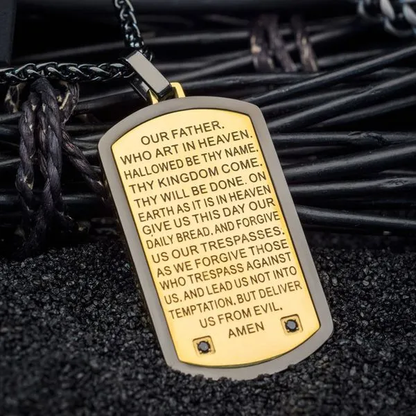 Two Tone with Lord's Prayer & CNC Black CZ Gem Dog Tag Pendant with Chain Image 4 Alan Miller Jewelers Oregon, OH