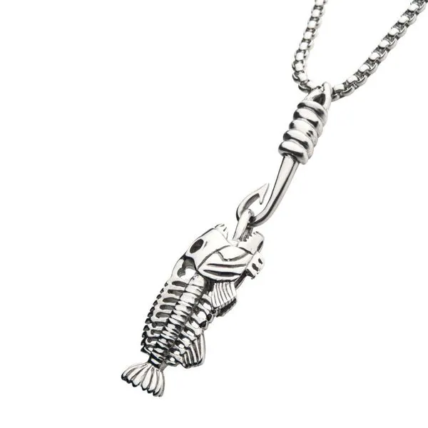 Polished Steel Fishbone Pendant with Hook & Box Chain Image 2 Timmreck & McNicol Jewelers McMinnville, OR