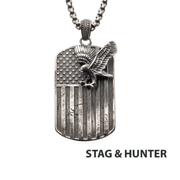Gun Metal IP Rugged American Flag with Polished Steel 3D Eagle Pendant Rihner's Jewelry Gretna, LA