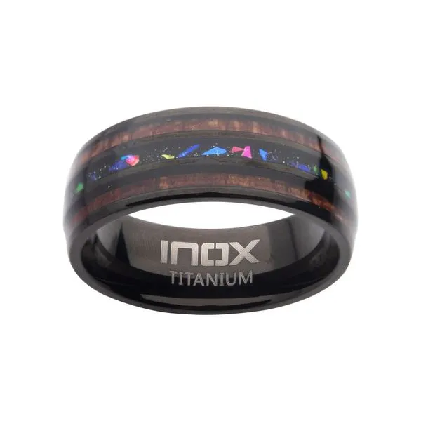 Titanium Black IP Wood & Opal Inlay Ring Image 2 Banks Jewelers Burnsville, NC