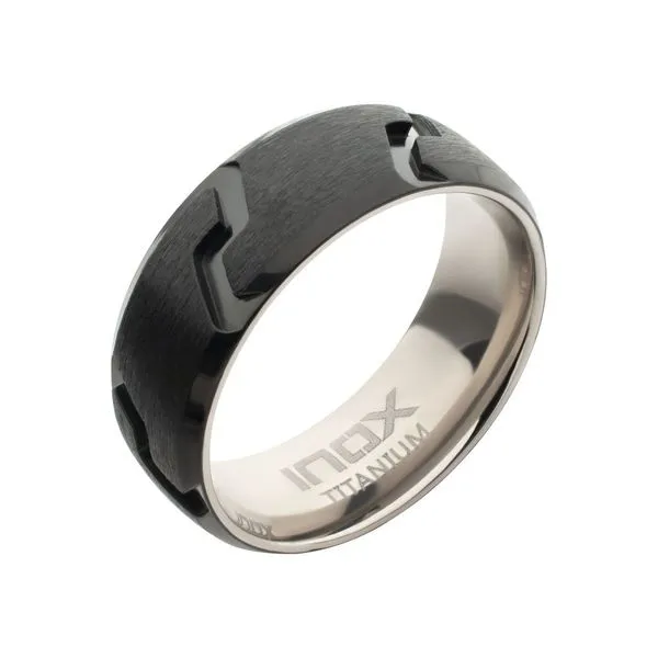 Black IP Titanium Matte Black Tread Pattern Ring with Half Sizes Ken Walker Jewelers Gig Harbor, WA