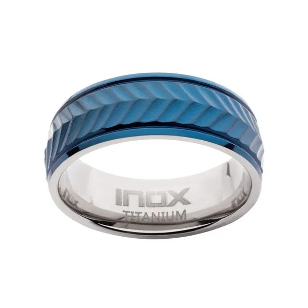 Blue IP Titanium Matte Finish Chevron Comfort Fit Ring Image 2 Ask Design Jewelers Olean, NY