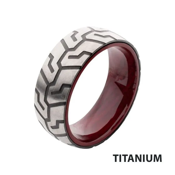 Titanium & Redwood Matte Finish Tiremark Comfort Fit Ring Timmreck & McNicol Jewelers McMinnville, OR