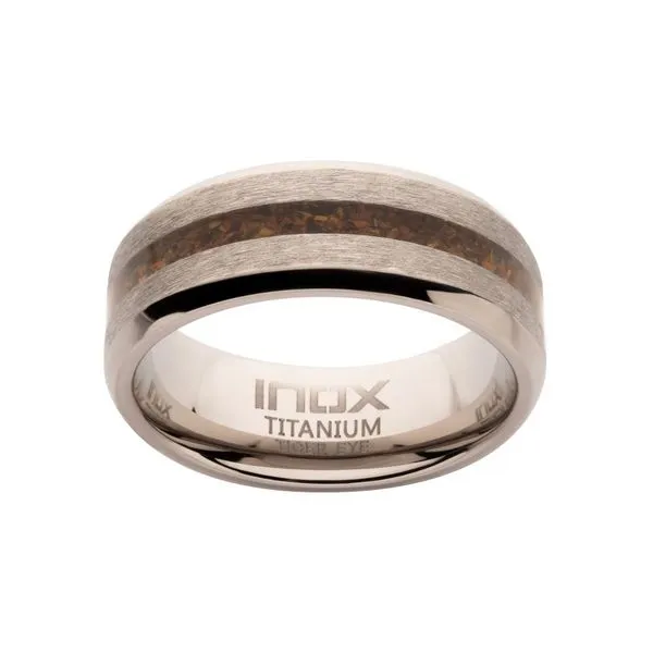 Matte Finish Titanium Tiger Eye Stone Inlay Comfort Fit Ring Image 2 Carroll's Jewelers Fort Lauderdale, FL