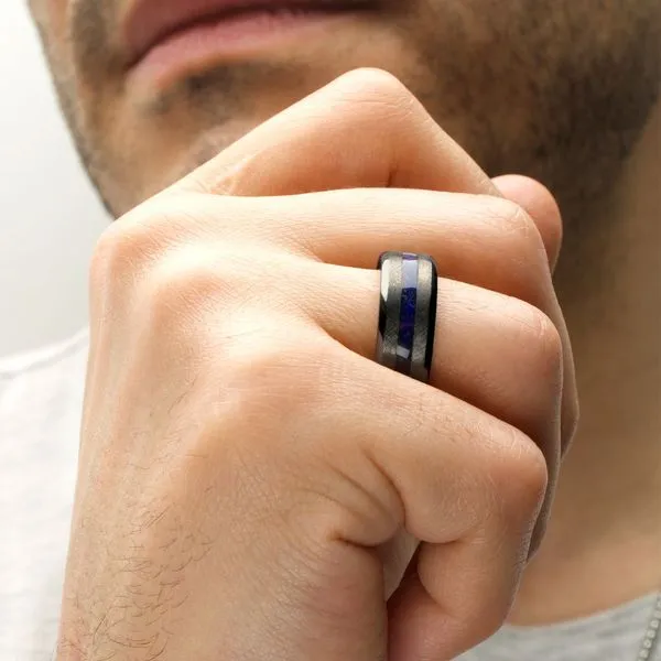Matte Finish Gun Metal IP Titanium Lapis Lazuli Stone Inlay Comfort Fit Ring Image 5 Cellini Design Jewelers Orange, CT