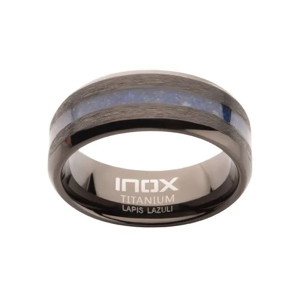 Matte Finish Gun Metal IP Titanium Lapis Lazuli Stone Inlay Comfort Fit Ring Image 2 Carroll's Jewelers Fort Lauderdale, FL