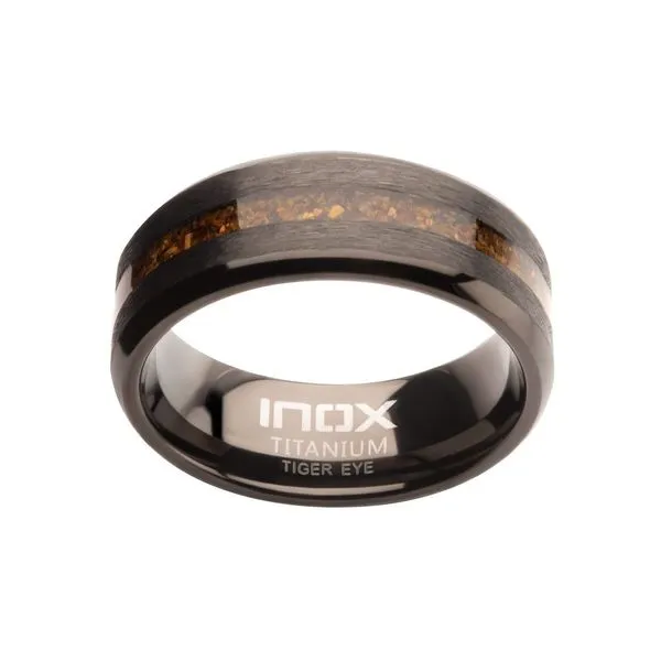 Matte Finish Gun Metal IP Titanium Tiger Eye Stone Inlay Comfort Fit Ring Image 2 Thomas A. Davis Jewelers Holland, MI