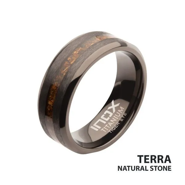 Matte Finish Gun Metal IP Titanium Tiger Eye Stone Inlay Comfort Fit Ring Ask Design Jewelers Olean, NY