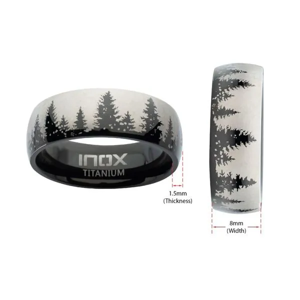 Evergreen Forest Treeline Design Black IP Titanium Comfort Fit Ring Image 4 Banks Jewelers Burnsville, NC