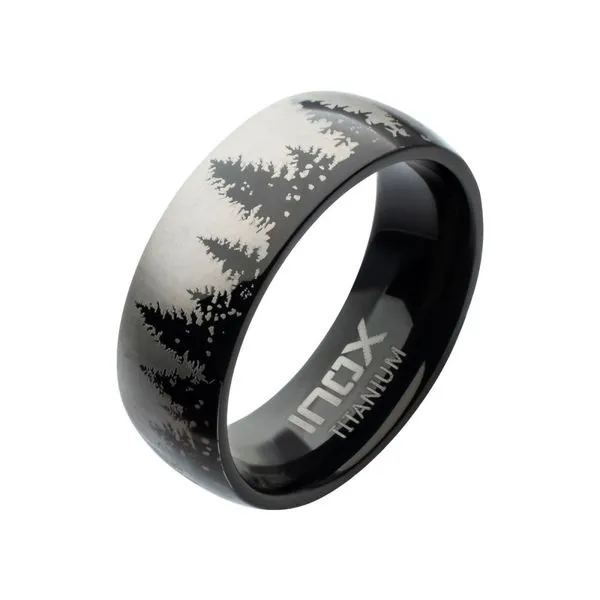 Evergreen Forest Treeline Design Black IP Titanium Comfort Fit Ring Daniel Jewelers Brewster, NY