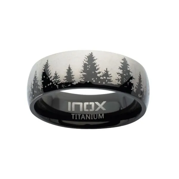 Evergreen Forest Treeline Design Black IP Titanium Comfort Fit Ring Image 2 Daniel Jewelers Brewster, NY