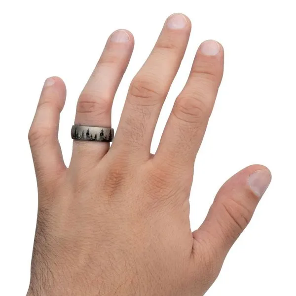 Evergreen Forest Treeline Design Black IP Titanium Comfort Fit Ring Image 5 Morin Jewelers Southbridge, MA