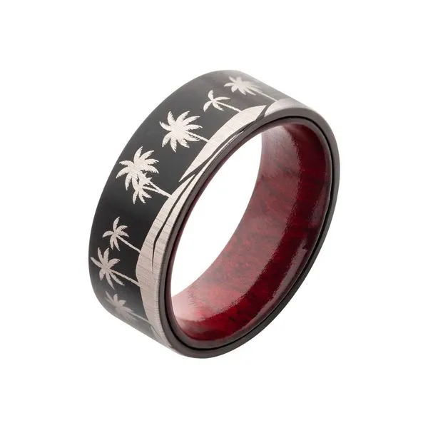 Titanium Black IP with Tropical Palm Treeline Design with Inner Rosewood Comfort Fit Ring Spath Jewelers Bartow, FL