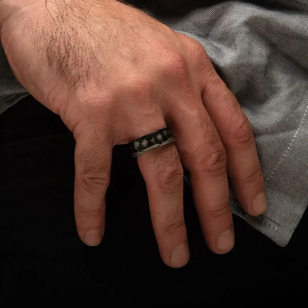 Titanium Black IP with Tropical Palm Treeline Design with Inner Rosewood Comfort Fit Ring Image 5 Morin Jewelers Southbridge, MA