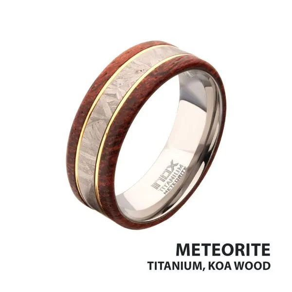 8mm Titanium, Meteorite & Koa Wood Inlay Comfort Fit Ring Valentine's Fine Jewelry Dallas, PA