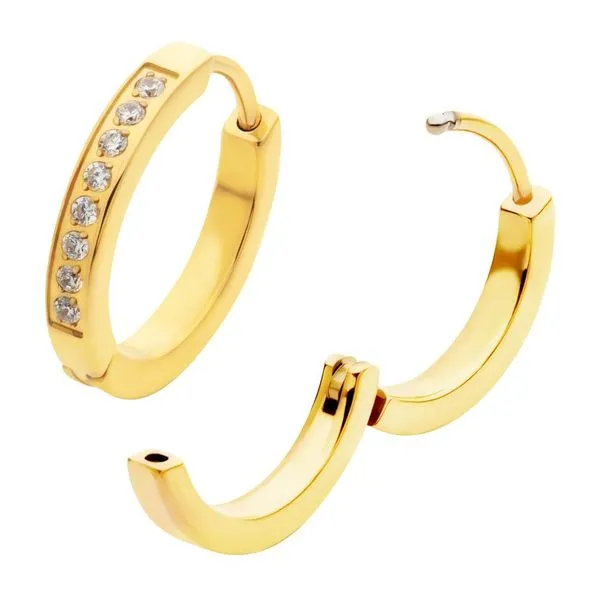 20g 24Kt Gold PVD Titanium Clear CZ Hinged Huggie Earrings Carroll's Jewelers Fort Lauderdale, FL