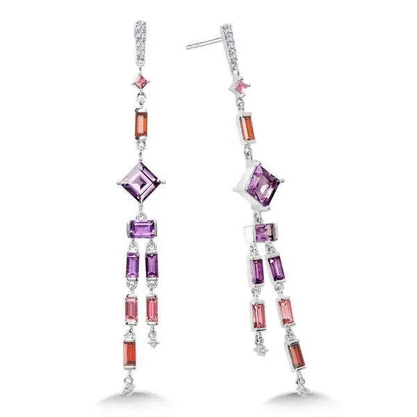 Baguette & Princess-Cut Amethyst, Pink Tourmaline, & Garnet Dangling Diamond Drop Earrings Gold Mine Jewelers Jackson, CA