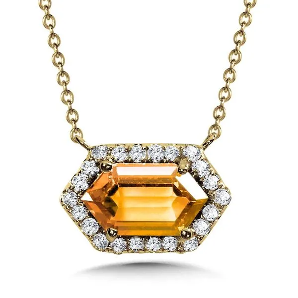 Elongated Hexagon-Cut Citrine & Diamond Halo Necklace Gold Mine Jewelers Jackson, CA